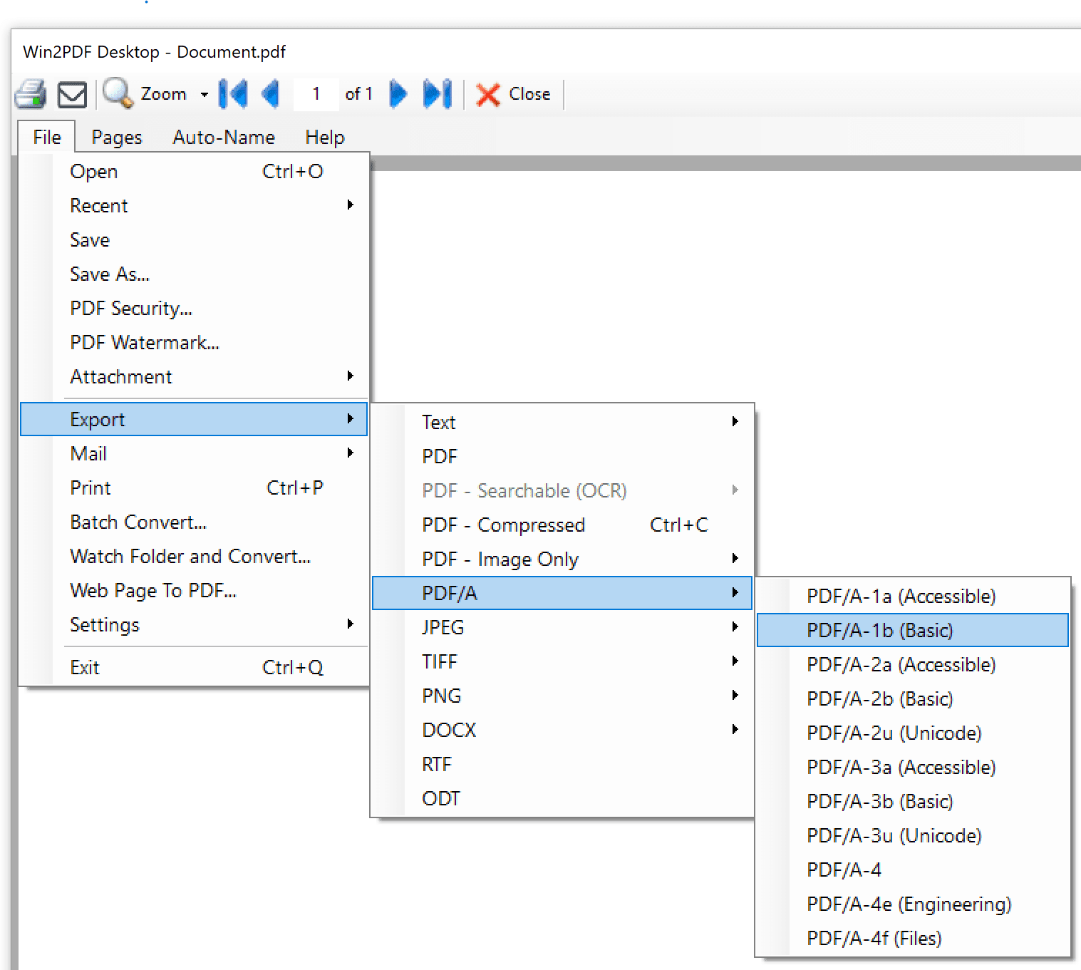 Win2PDF Desktop - Export PDF Image Only Menu