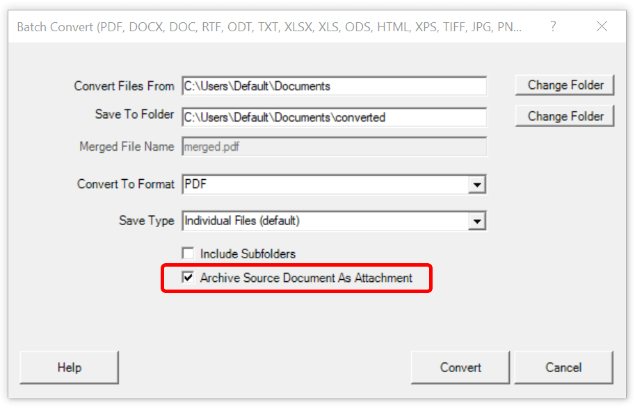 Win2PDF Desktop - Archive Source Document As Attachment