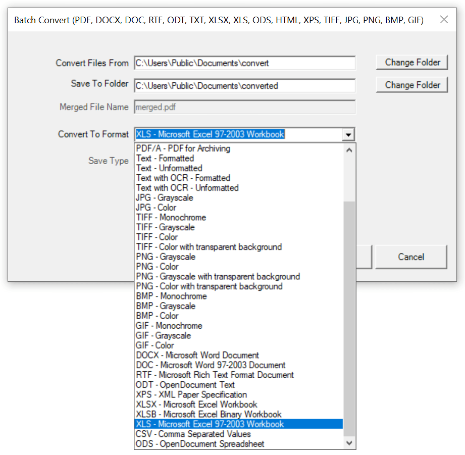 Win2PDF Desktop - Batch Convert ODS to XLS