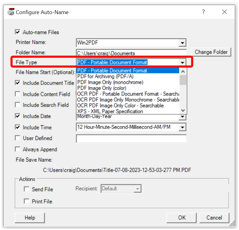 Win2PDF Desktop Configure Auto-Name File Type