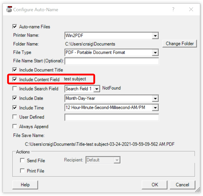 Win2PDF Desktop Configure Auto-Name: Include Content Field
