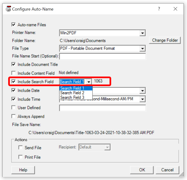 Win2PDF Desktop Configure Auto-Name: Include Search Field