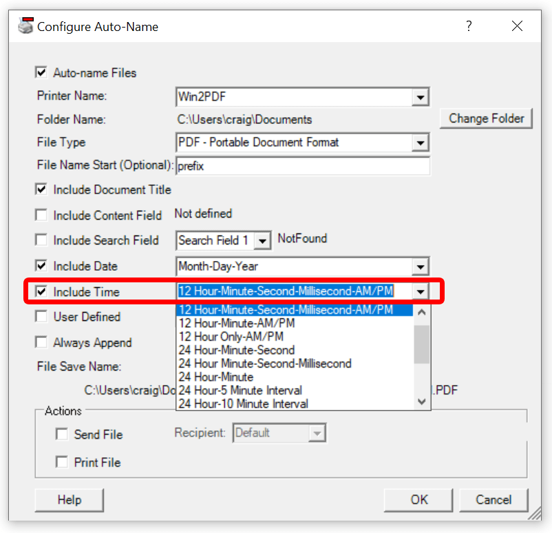 Win2PDF Desktop Auto-Name Settings - Include Time