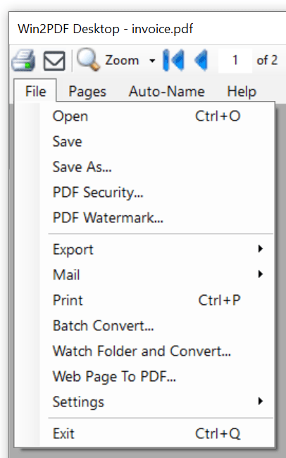 Win2PDF Desktop - File Menu
