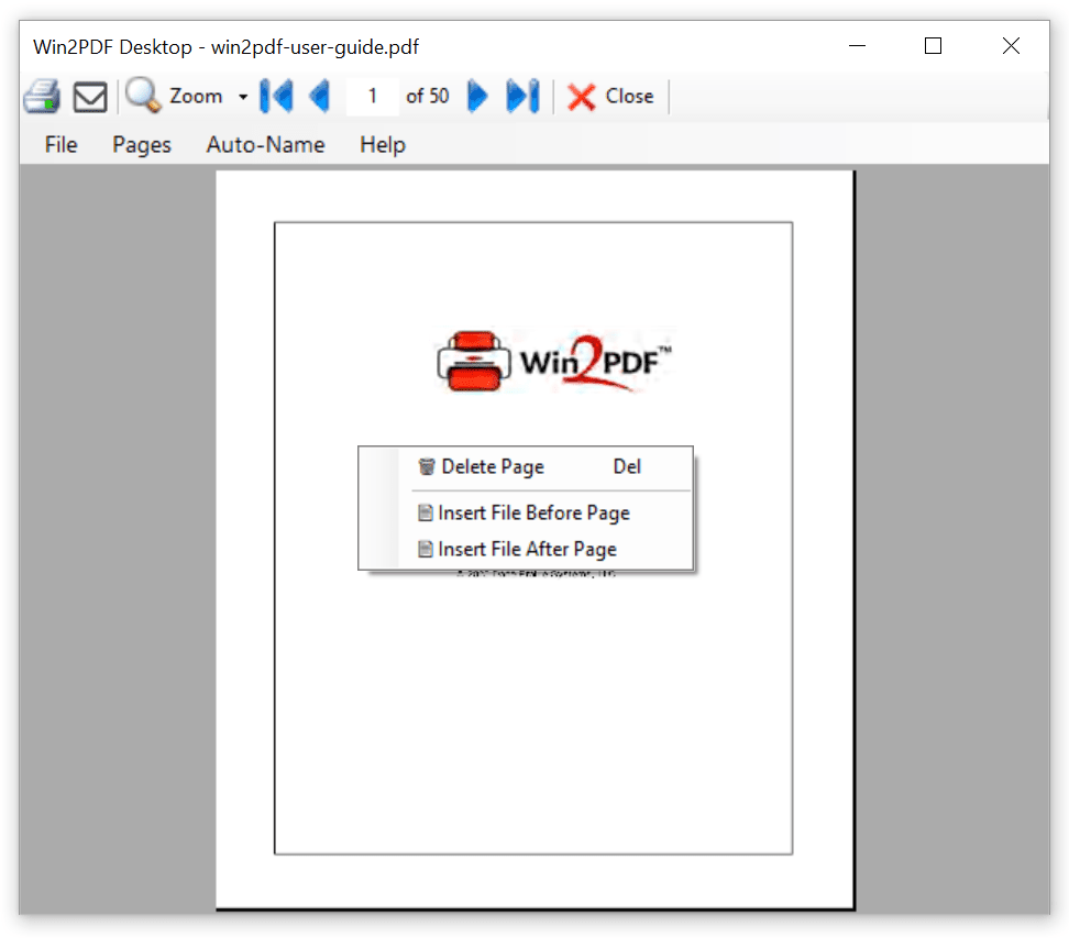 Win2PDF Desktop - Delete Page Menu