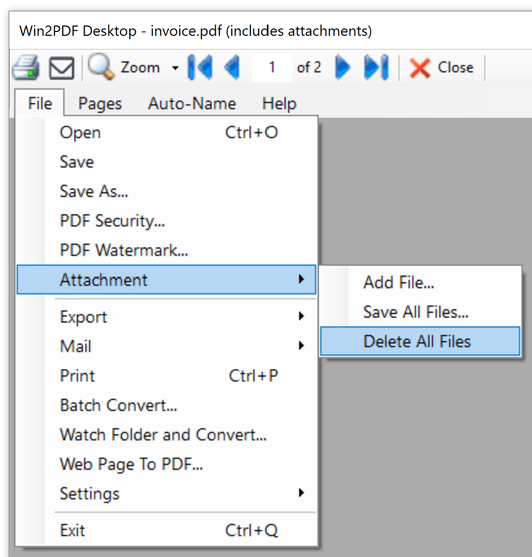 Win2PDF Desktop Delete All File Attachments