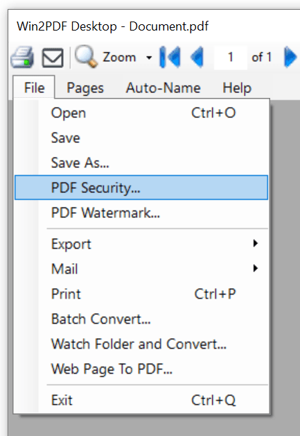 Win2PDF Desktop - PDF Security Menu