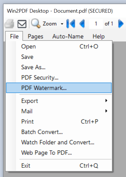Win2PDF Desktop Watermark Menu