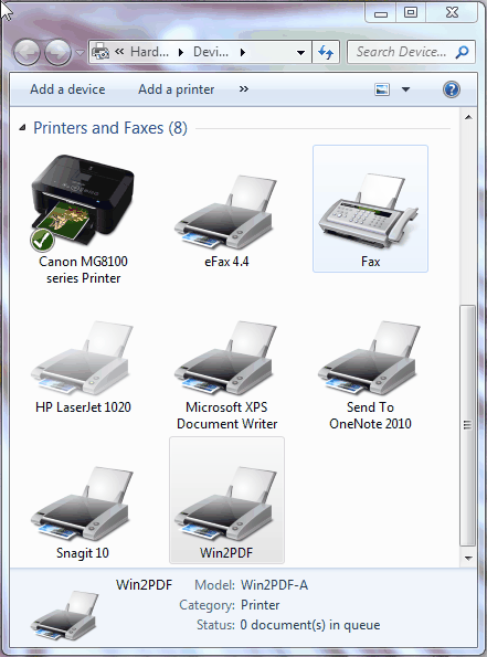 Win2PDF printer view in printers folder