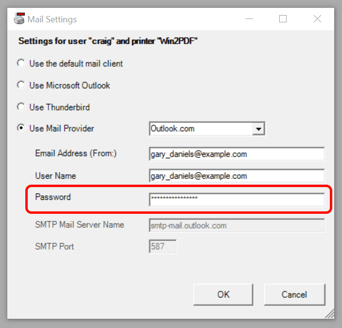 Configure Win2PDF Outlook.com Password